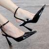 2025 spring and summer new imperial sister fan solid color fashion with pointed head bag head thin heel word belt hollow high heels women