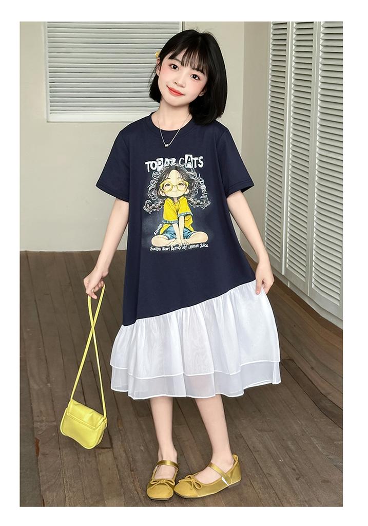 Girls' Summer Dress 2026 New Fashionable Girls' Summer Dress Children's Mesh Splicing T-shirt Skirt