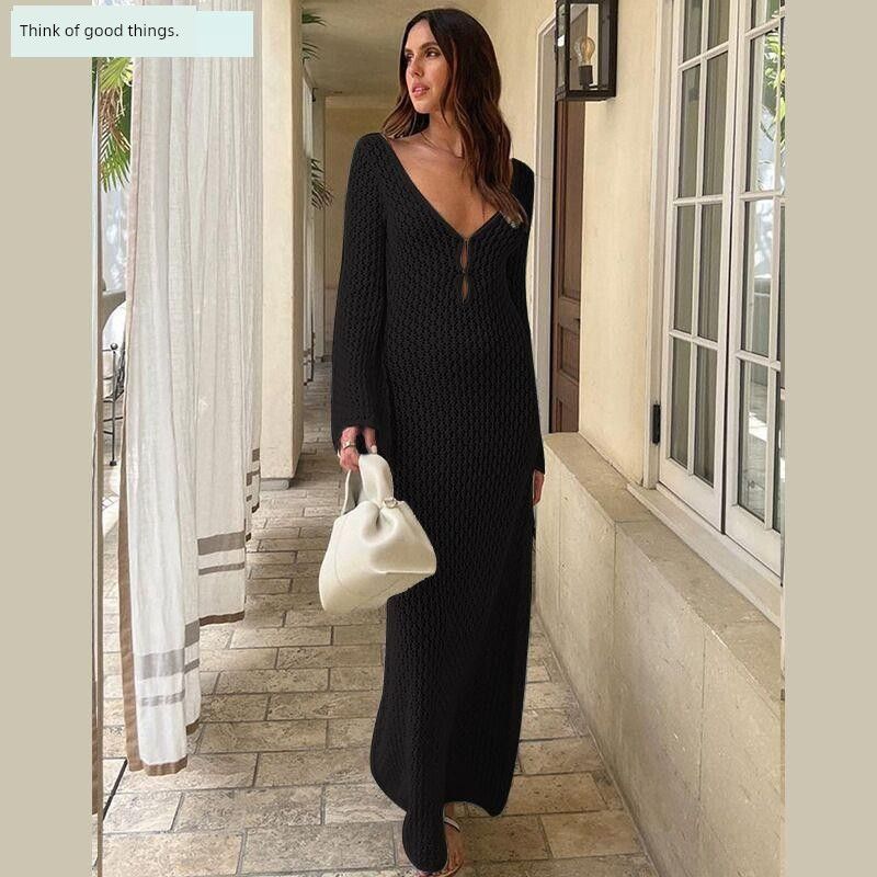 

Knitted Beach Skirt European and American Sexy V-neck Hollow Knitted Tight Long sleeve Beach Skirt Dress Black S