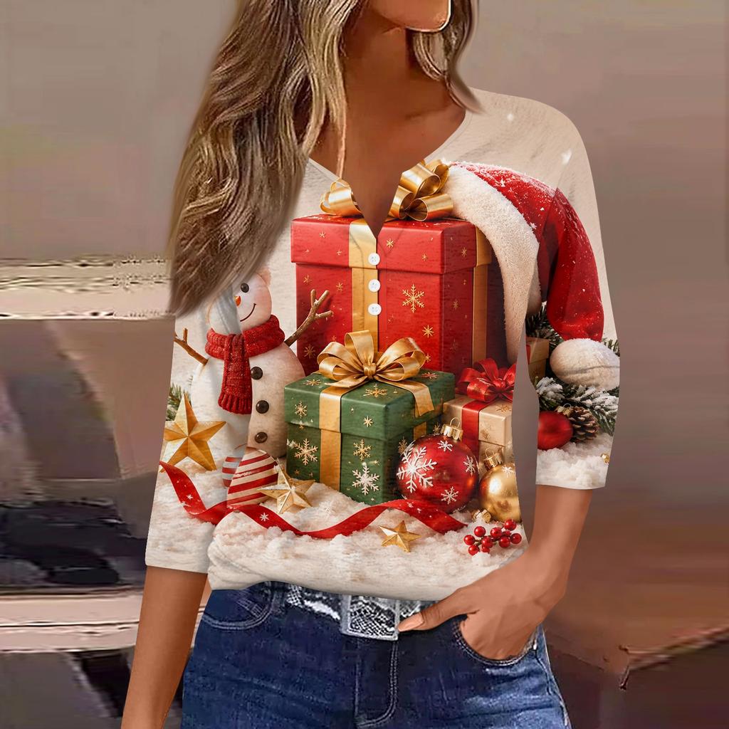 Women's Fashion Casual Christmas Print V-Neck Button Three-Quarter Sleeve T-Shirt Top