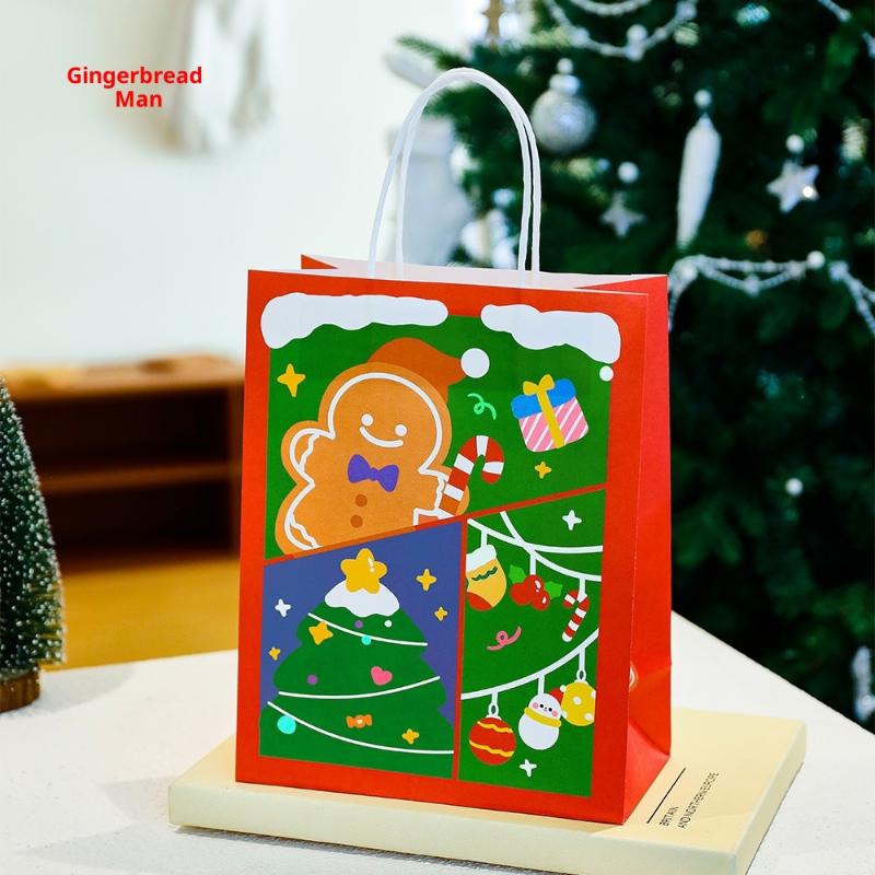 Merry Christmas Kraft Paper Gift Tote Bags Packaging Child For Candy Snack Storage Pouch Birthday Party Favors