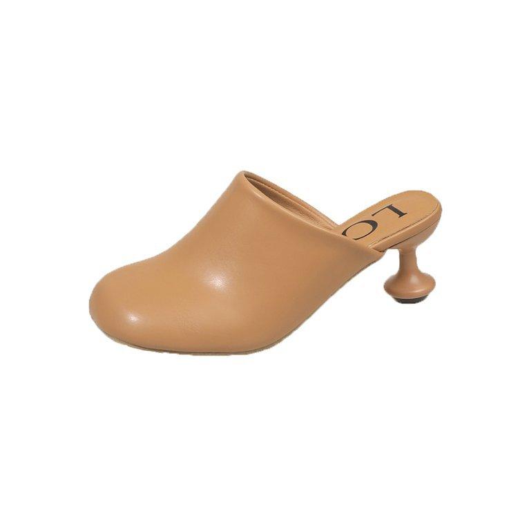 Europe, America 2025 summer and autumn shallow mouth round head middle heel temperament single shoes women wear fashion Muller half drag bag head sand
