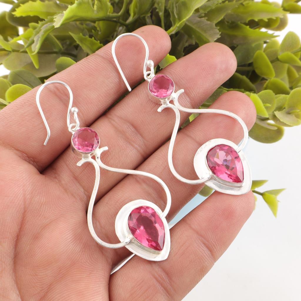 Natural Pink Tourmaline Gemstone 925 Stamped Silver Handmade Hook Earrings 2.07" EE-170-7