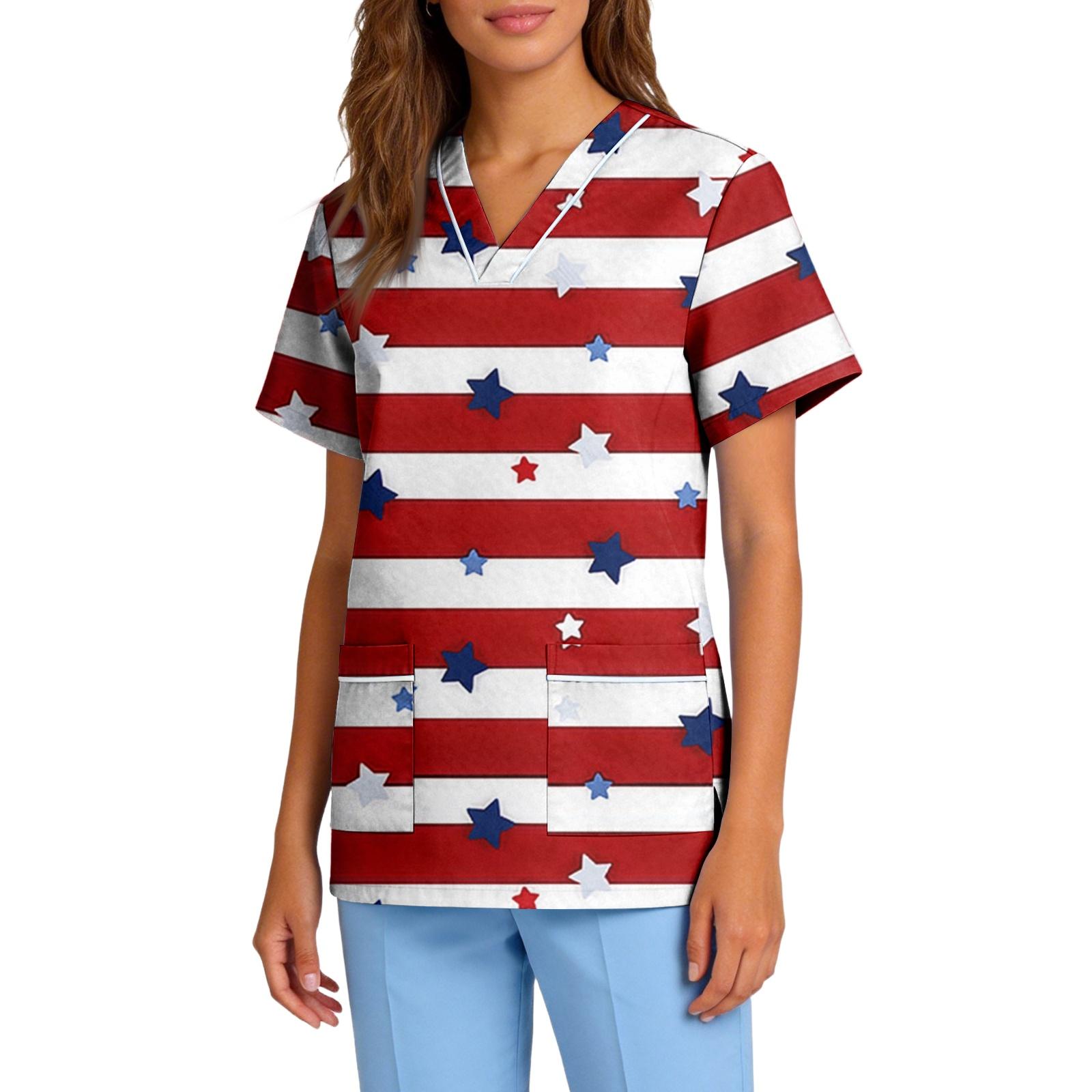 

Women’s Stretch Quick Dry V Neck Pocket Short Sleeve Scrub Top with Independence Day Star Print for Healthcare Work Uniform M