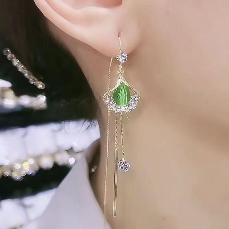 Green Cat Eye Stone Tassel Zircon Earrings
