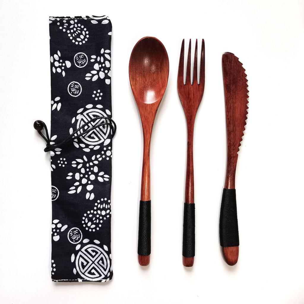 Japanese Wooden Portable Tableware Set: Long-Handled Spoon, Fork, and Chopsticks - Korean Style Three-Piece Set for Outdoor Use.