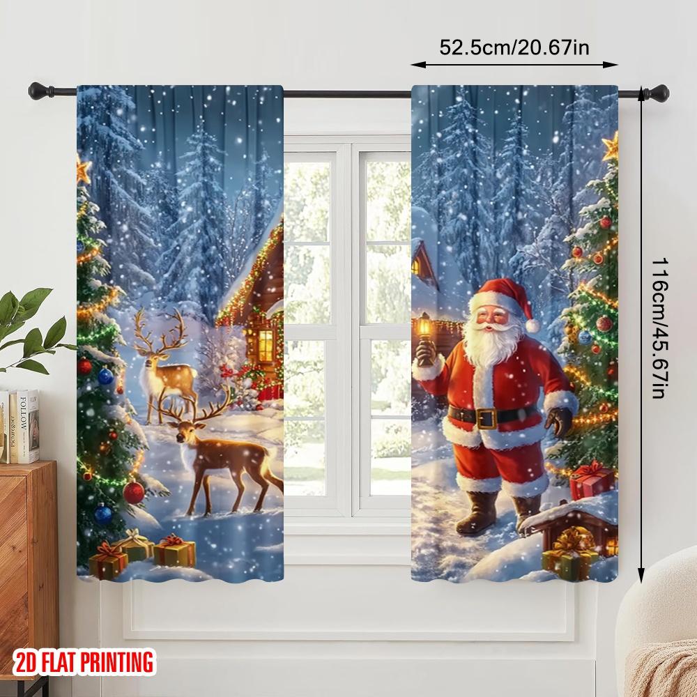 2pcs,2D Plane Printing Print Curtains Santa Claus With Reindeer Christmas Polyester Easy Install (without Rod) Outdoor