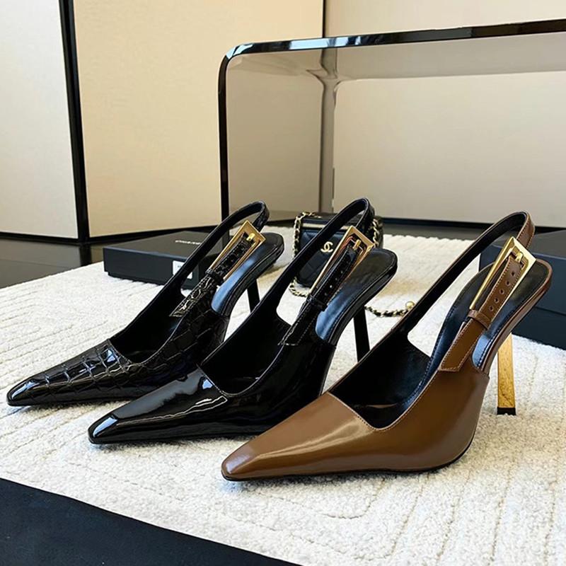 Fashion Star Style Fashion Patent Leather Women Pumps Summer Square Toe Metal Buckle Slingbacks Elegant Thin High Heels Dress Shoes
