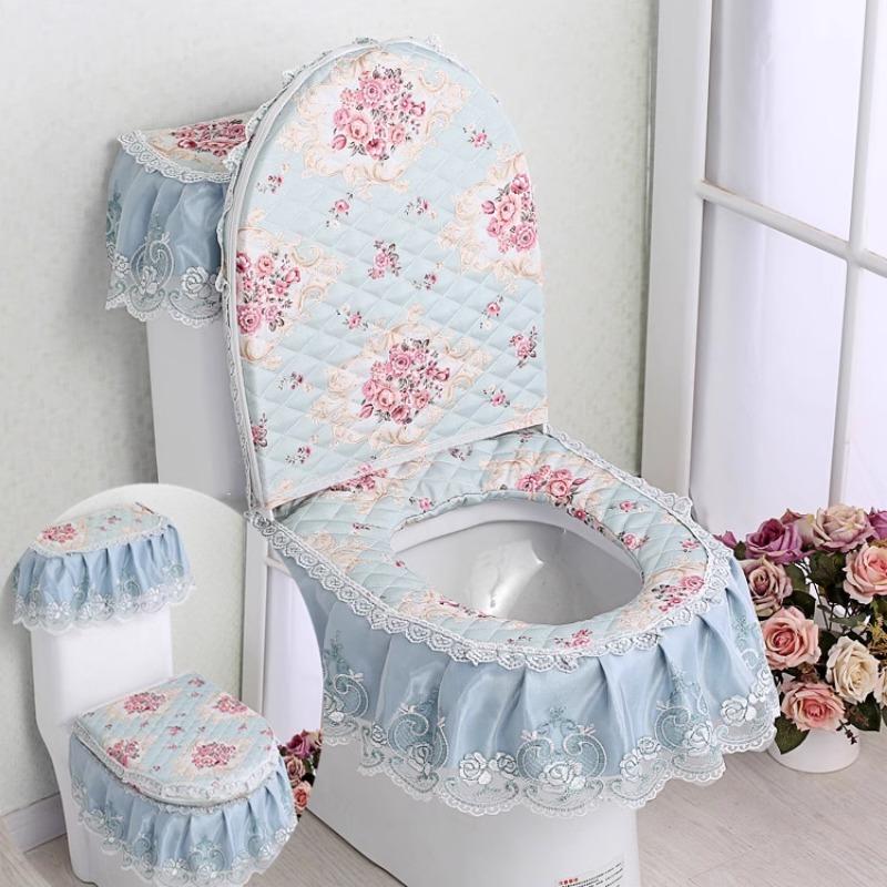 3pcs/Set Lace Embroidery Detachable Toilet Cover Cloth Dustproof Soft Toilet Seat Ring Cushion Home Decoration Toilet Cover