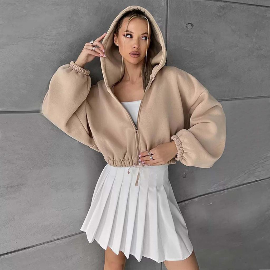 Women Zip Up Cropped Drawstring Hoodies Casual Long Sleeve Jacket with Pockets Winter Fall Outwear Outfits