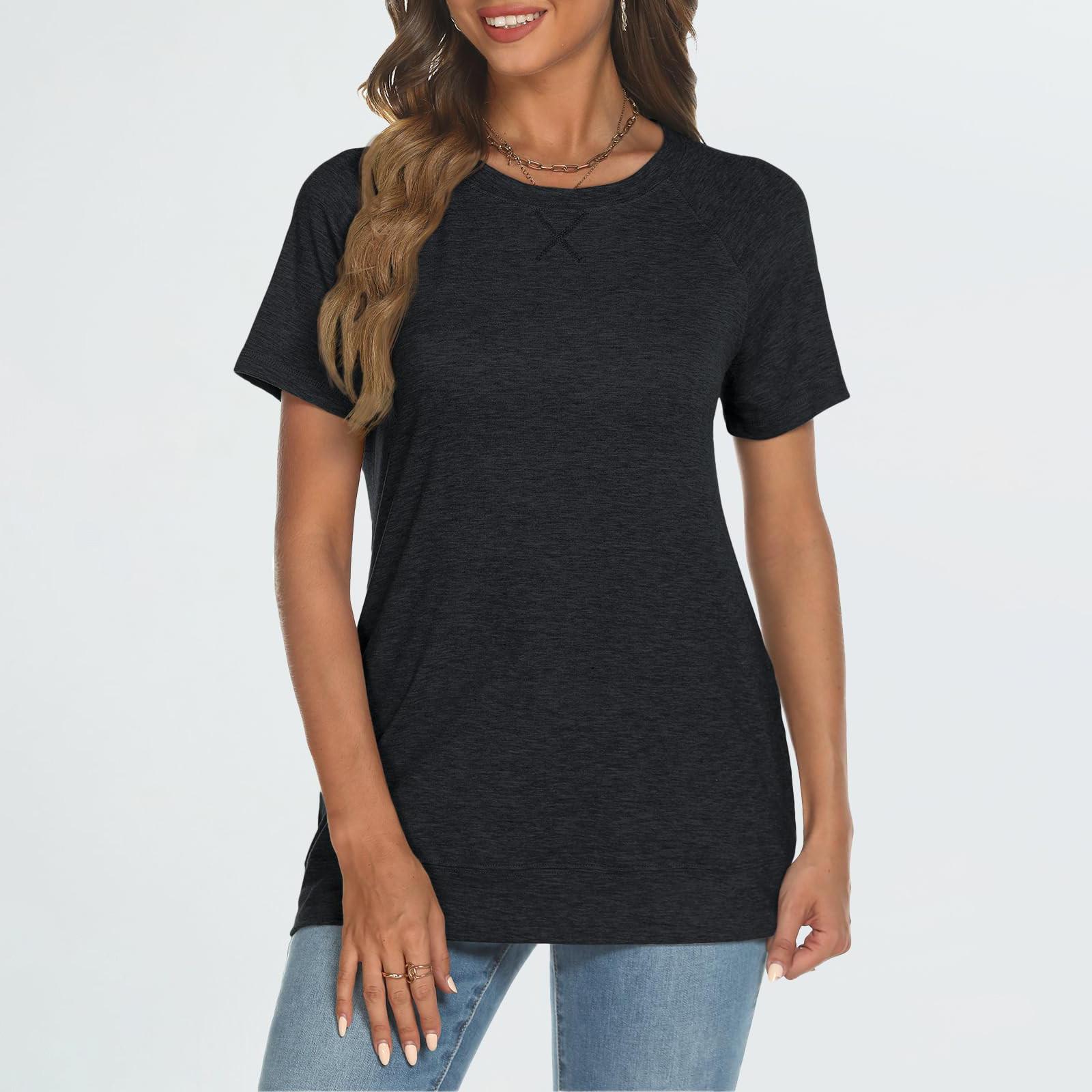 

Футболки с коротким рукавом с круглым вырезом для женщин, модные легкие мягкие повседневные летние топы L чёрный