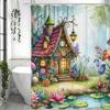 Forest Cabin Flower Plant Tree Lake Shower Curtain, Bathroom Decorative Shower Curtain, Waterproof Shower Curtain with Hooks