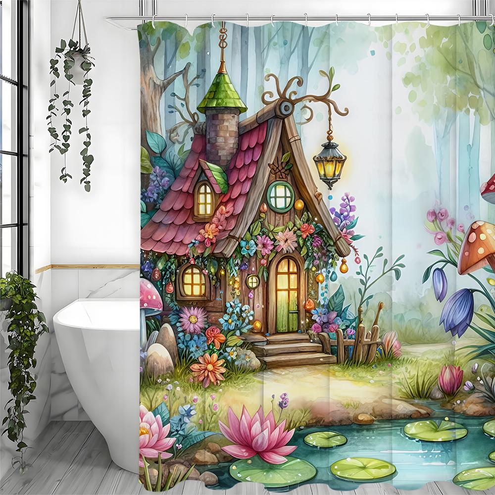 Forest Cabin Flower Plant Tree Lake Shower Curtain, Bathroom Decorative Shower Curtain, Waterproof Shower Curtain with Hooks
