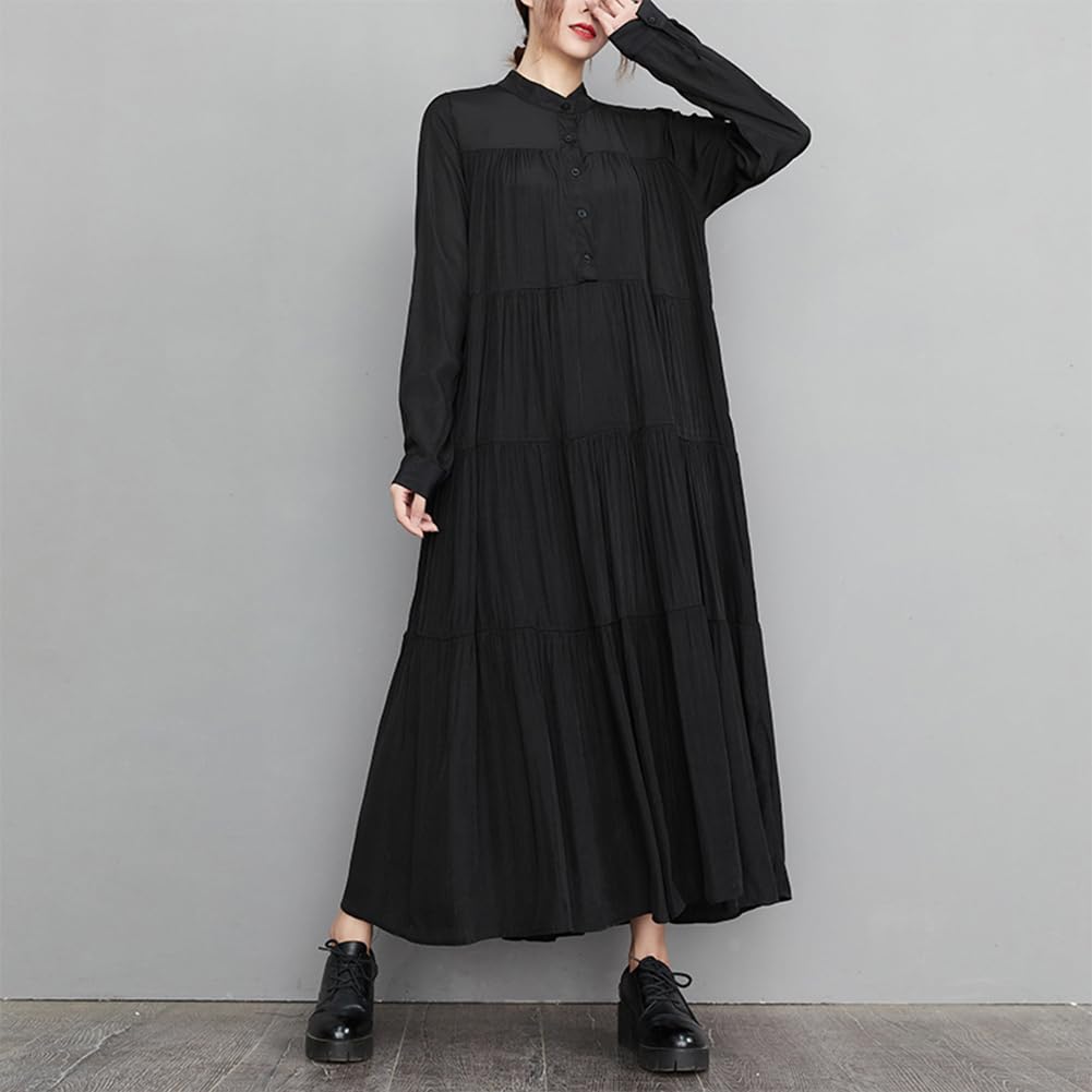 JIYUTOR Maxi Loose Long Tunic Ankle Pleated Maxi Dress Size Women's Dress, Fit, Sleeves, Style, Length, Flattering, A-Line, Buttoned, Casual, (Black,