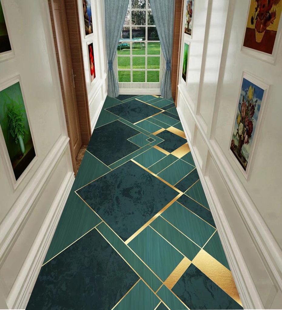 Modern Green Geometric Long Carpets Hallway Anti-slip Stairway Floor Mat Washable Luxury Rugs for Living Room Aisle Customizable