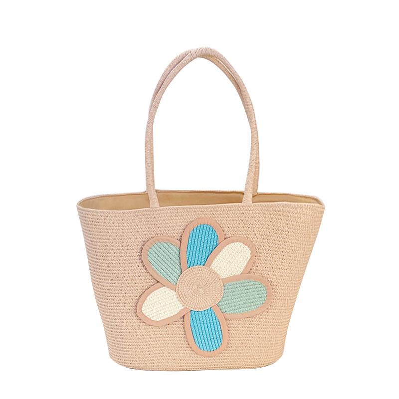 Simple Flower Color Blocked Pattern Women Large Capacity Woven Tote Bag For Summer Casual Use