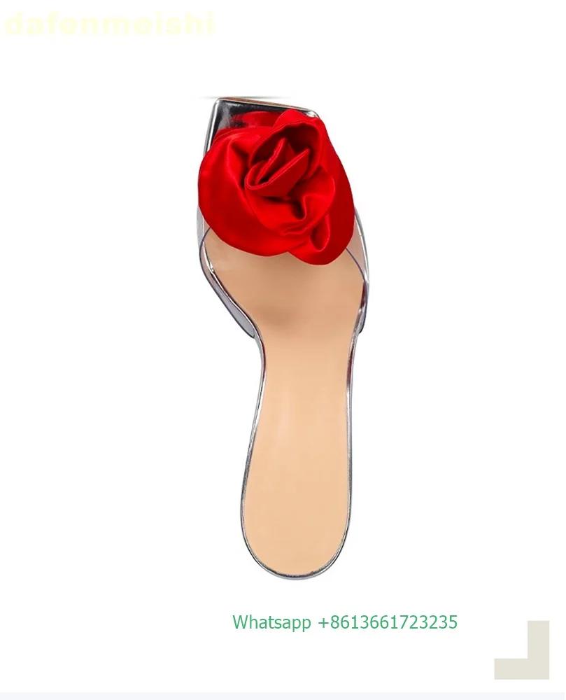 New Summer Sweet Style Women Sandals Square Toe Satin Rose Open Toe Elegant High Heels Clear Thin Heel Slip On Slippers