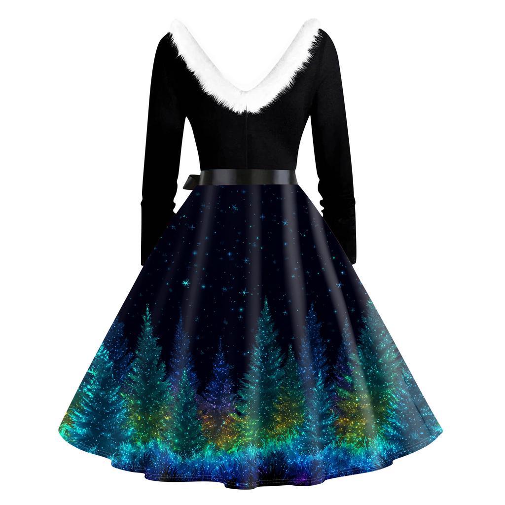 Damenmode V-Ausschnitt Lässig Schlank Weihnachten Bedruckt Langarm Haarkragen Kleider