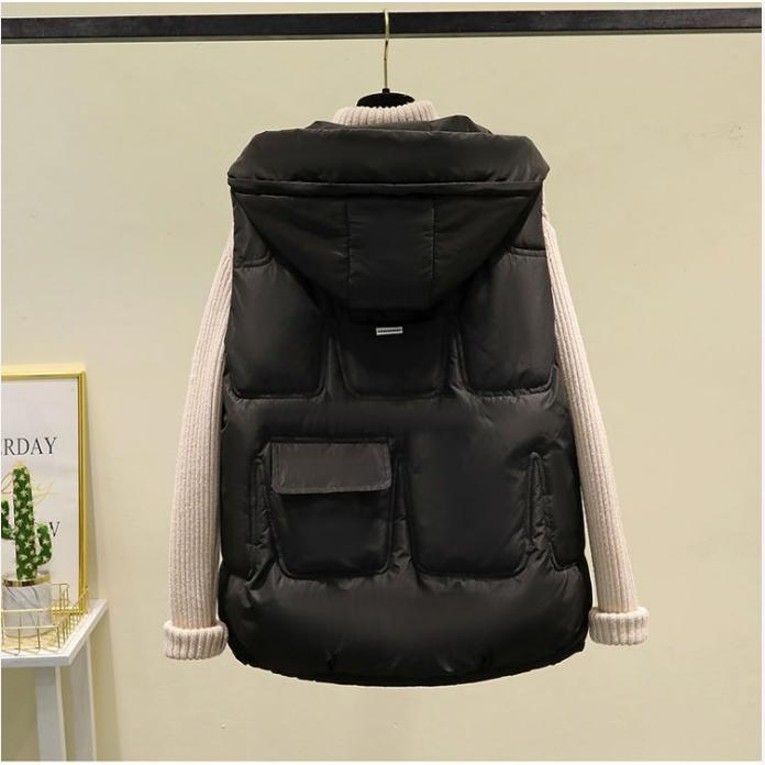 Down Cotton Vest Women's Outer Wear Thick Waistcoat Jacket Loose Zipper Hooded Vest