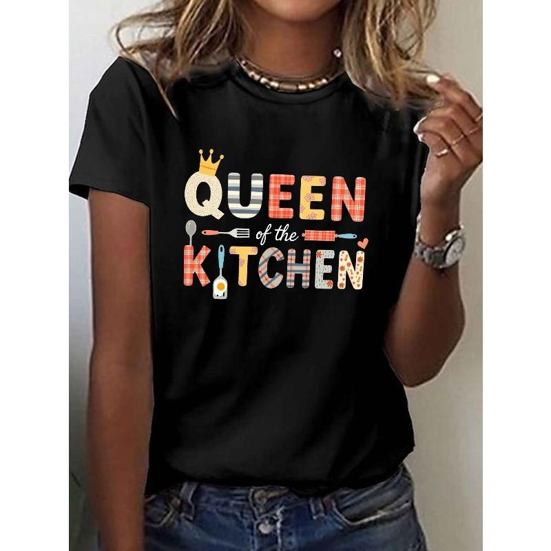 

Womens Cooking Queen Of The Kitchen Print Short Sleeve Crew Neck Summer Casual Tee S чёрный