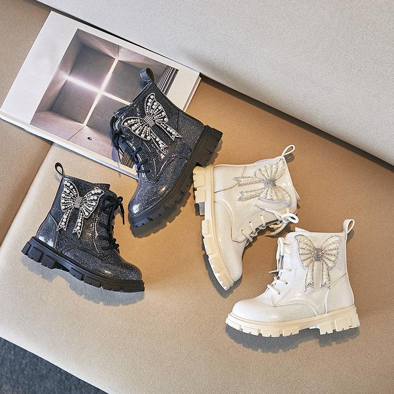Botines Girl Boot Autumn Winter Bow Princess Shoe Fashion Glitter Shiny Ankle Boot Soft Sole Non-Slip Kid Shoe Botas