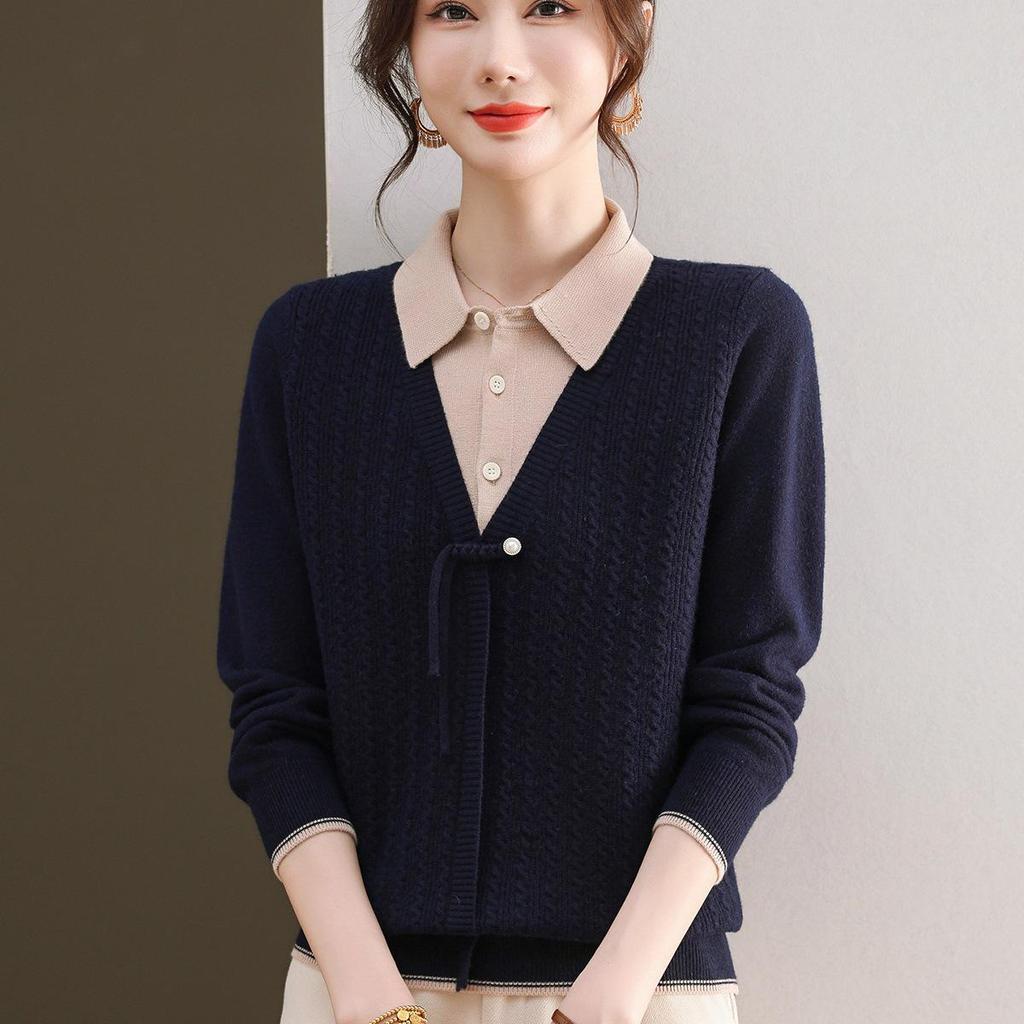 2025 Fashionable Mom's Knitted Two-Piece Look Lapel Sweater - Long-Sleeve Top for Middle-Aged Women, Perfect for Spring & Autumn