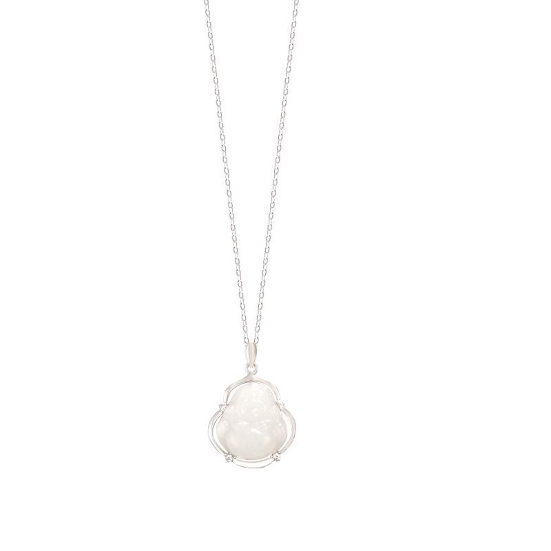 S925 Sterling Silver Hetian Jade Maitreya Buddha Pendant Necklace - Women's Ancient Chinese Style Clavicle Chain Gift