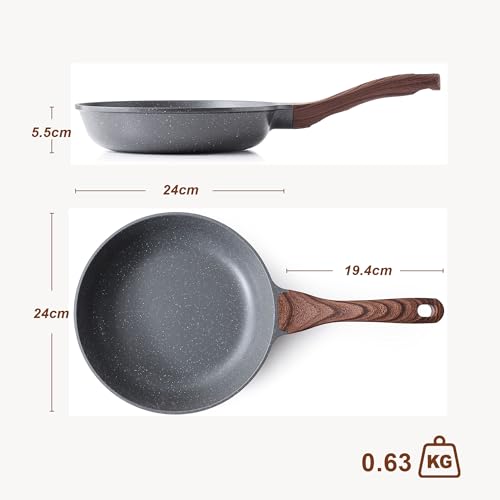 SENSARTE 24cm Frying Pan, Induction & Gas Compatible, Marble Coat, Non-Stick, Non-Toxic, Easy To Clean, Gray, High Heat Efficiency, 1-Year Warranty