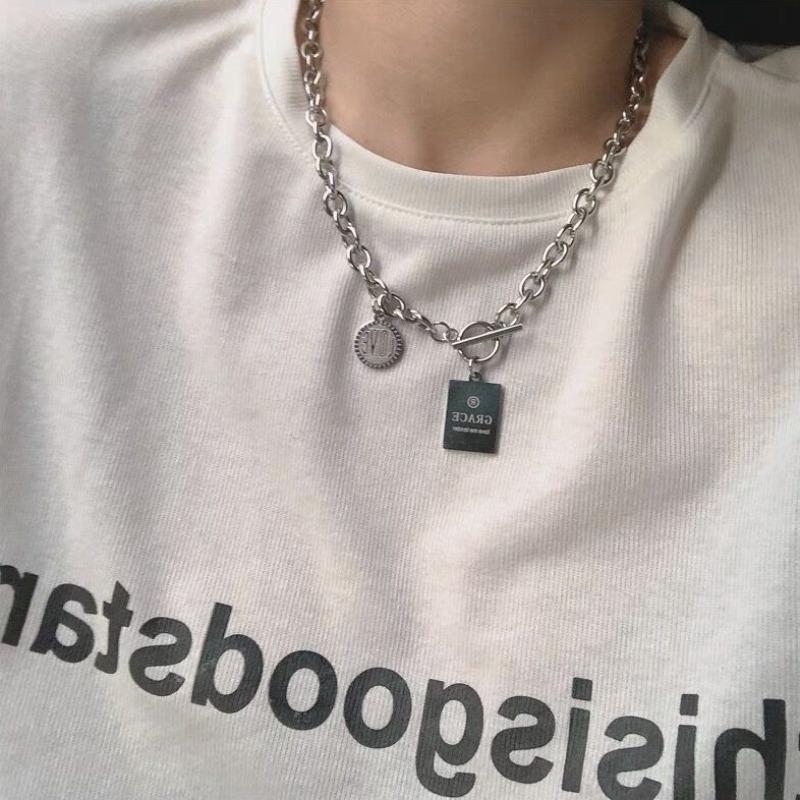 Niche simple letter pendant necklace female versatile titanium steel does not fade hip hop collarbone chain ins wind