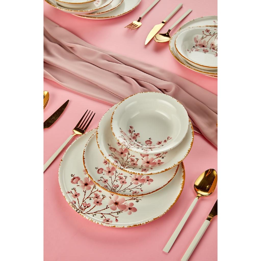 Sakura Flower Luxury Ceramic 18 Piece Dinner Set, Dinner Set For 6 Persons