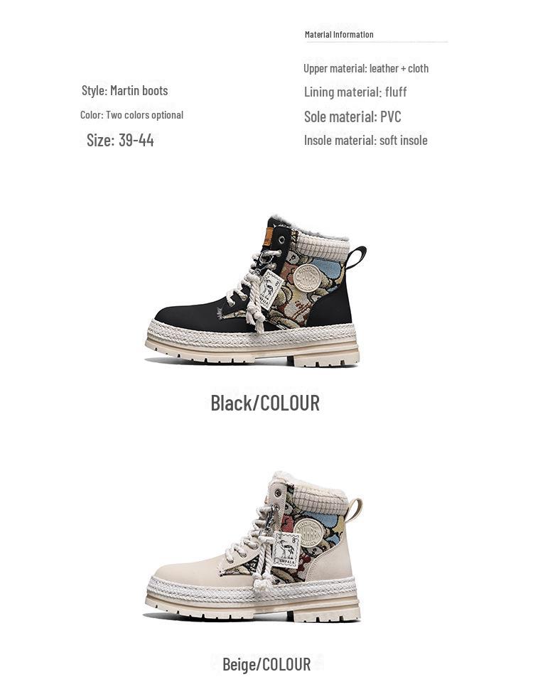 Nové zimní sametové párové martensky na silné podrážce: Teplé motorkářské boty s medvídkem