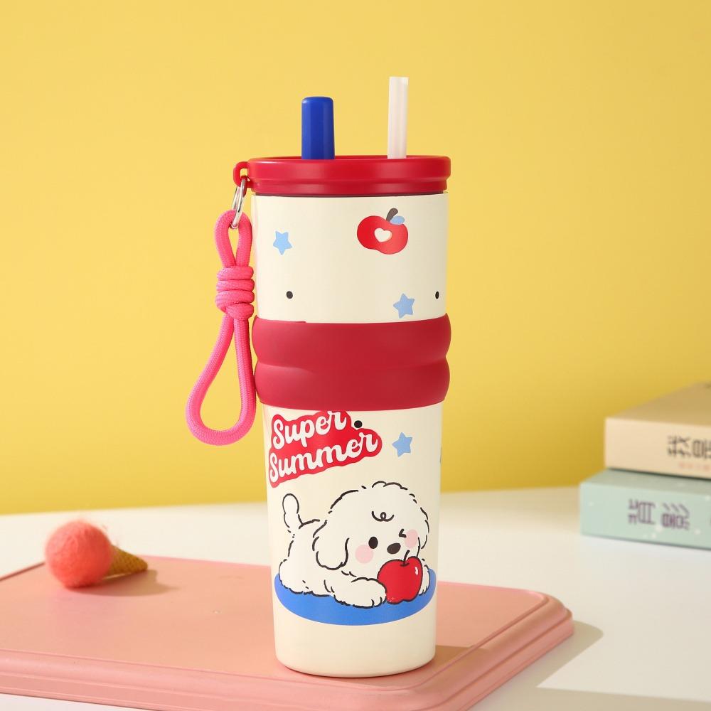 Kawaii Cat Thermal Water Bottle With Straw Cute Stainless Steel Hot Cold Tea Coffee Thermos 710ml Portable Tumbler Woman Gift