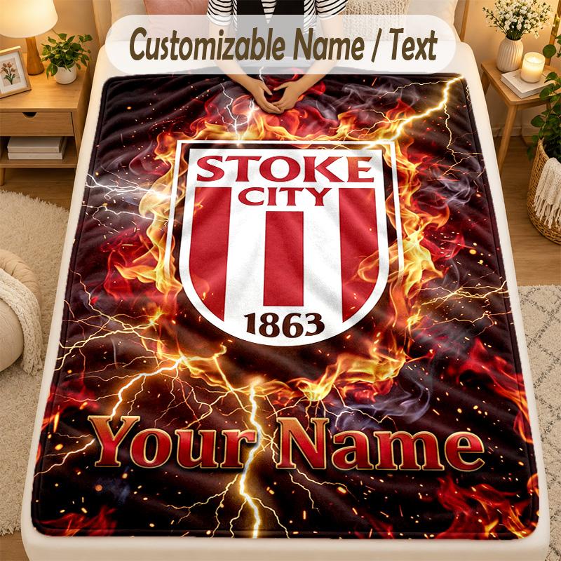 Flannel BlanketStoke City FC Custom Name Text Personalized Soft Warm Throw Blanket Home Decor Gift