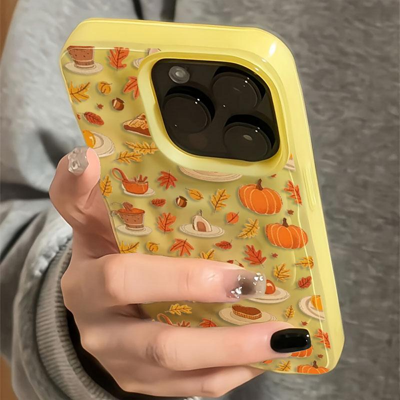 Cartoon Leaves Pumpkin Pattern Phone Case For iPhone 17 Air 11 12 13 14 15 16 Pro Max Plus Folds Texture Shockproof Soft Cover