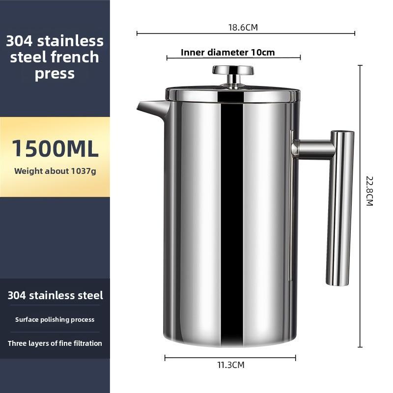 Inner and Outer 304 Stainless Steel Filter Coffee Maker with Double-layer Insulation for Keeping Coffee Warm. Pressing Coffee Maker.