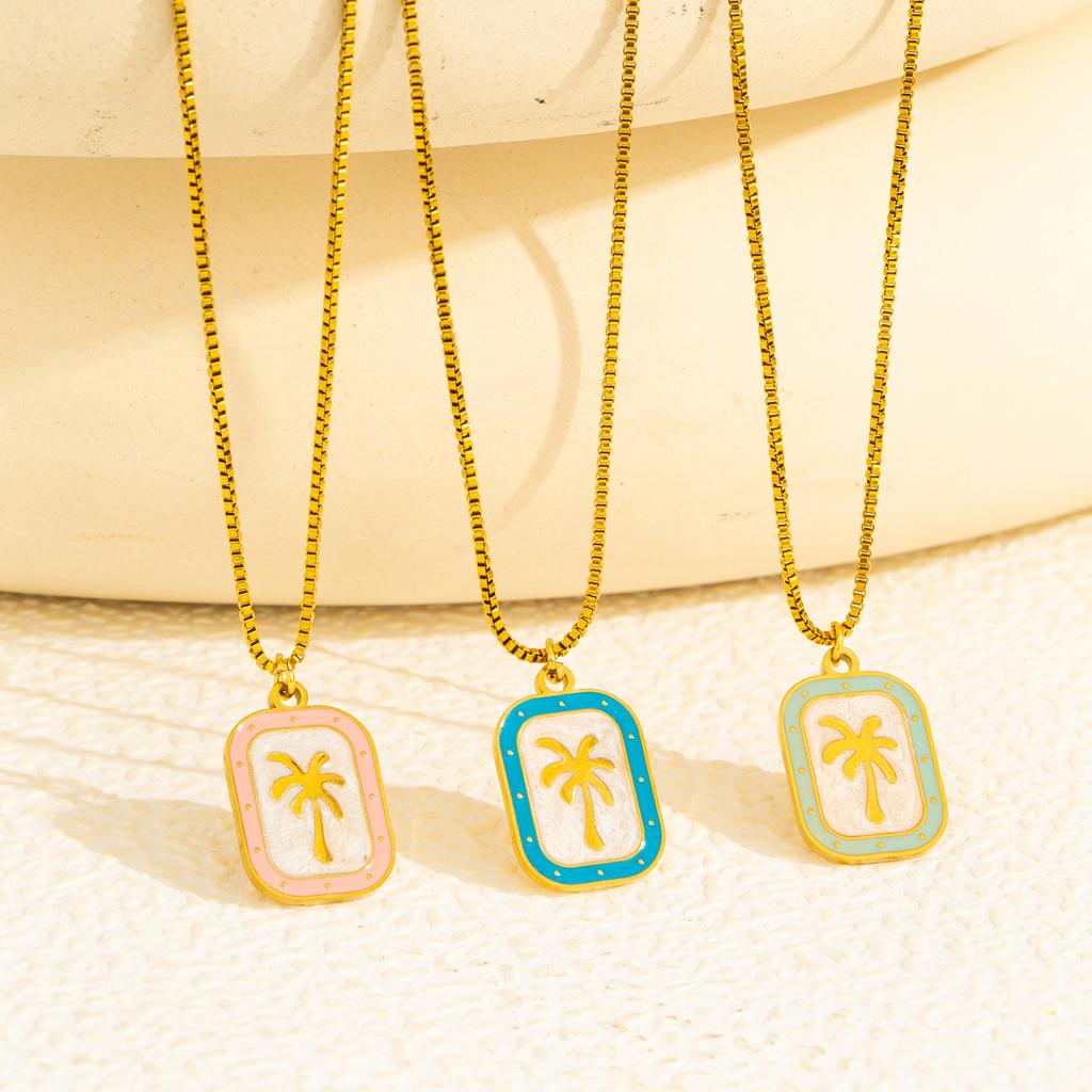 Tropical Coconut Tree Pendant Necklace for Women - Cold Enamel on 18K Gold Plated Stainless Steel, Hypoallergenic Beach Jewelry