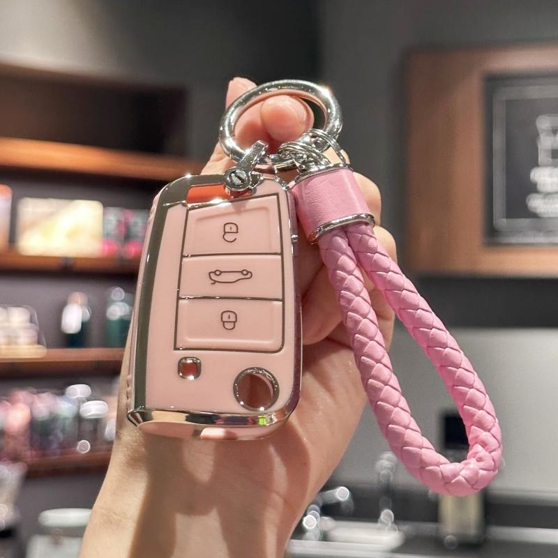 

Чехол-брелок из ТПУ с ремешком для ключей для VW Volkswagen Golf 7 MK7 Tiguan MK2 для SEAT Ateca Leon FR 2 Ibiza для Skoda Octavia розовый