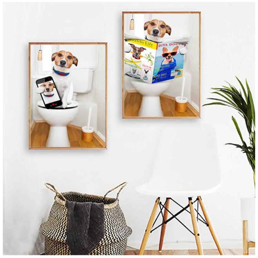 Funny Animal Dog Read Newspaper Oil Painting On Canvas Wall Art Poster Prints Wall Art Picture for Bathroom Toilet Decoration
