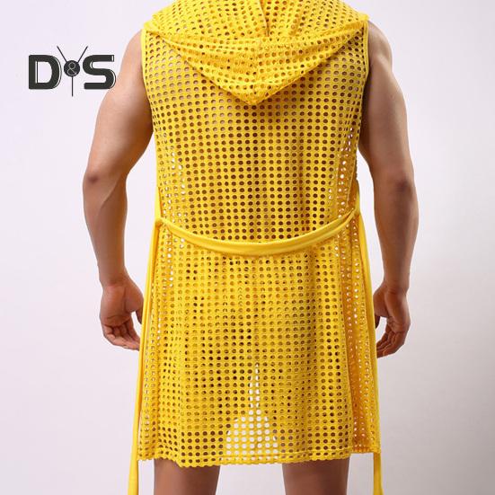 Menn Sexy hette Nattkjole Ermeløs Ensfarge Hollow Out Mesh Sommer Loungewear Snøring Nattkåpe Hjemmeklær