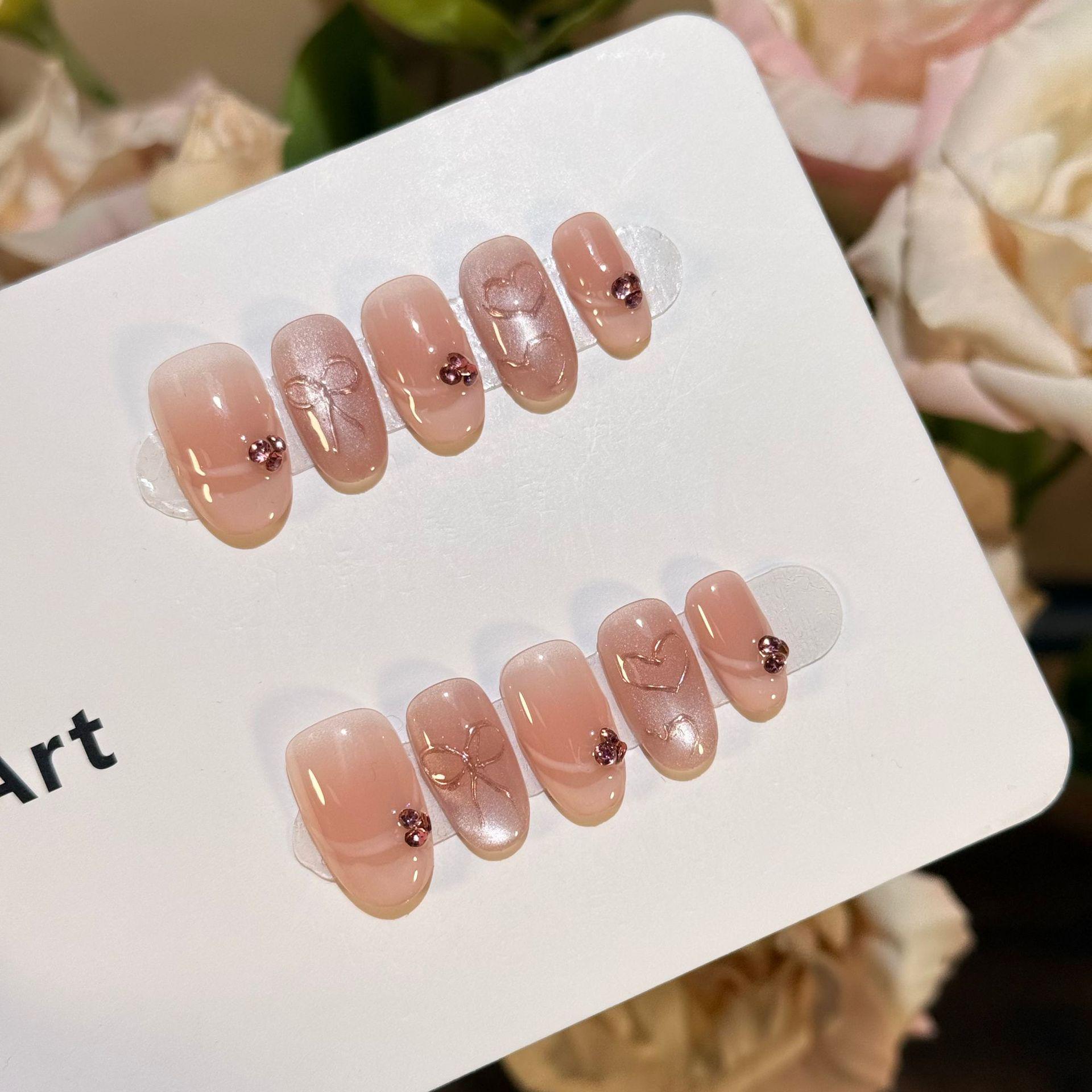 

Luxury Pink Cat Eye French Press-On Nails with Bow & Diamonds Small