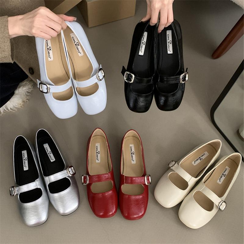 Fashion IPPEUM Mary Janes Shoes Black Women Ballet Flats Silver Buckle PU Leather Ballerinas Zapatos Mujer
