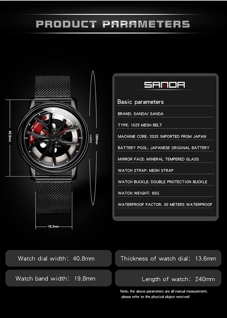 SANDA Top Men Quartz Watches Sports Car Watch Waterproof Sport 360℃ Rotating Rim Hub Wheel Wristwatch Car Quartz Men's Watches