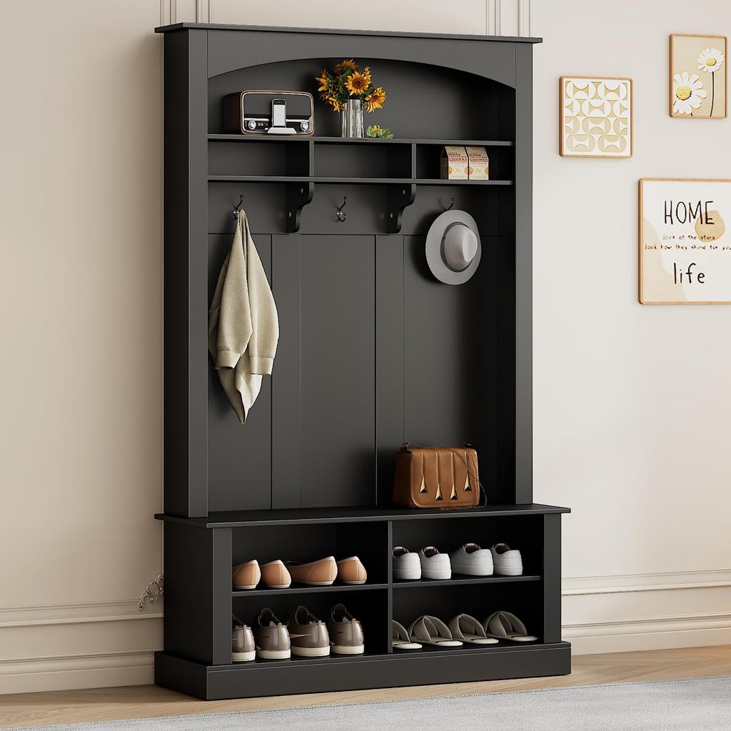 Hallway Wardrobe Coat Rack, Bench, Shoe Cabinet, Open Storage Space, 3 Hooks, Freestanding, Space-saving