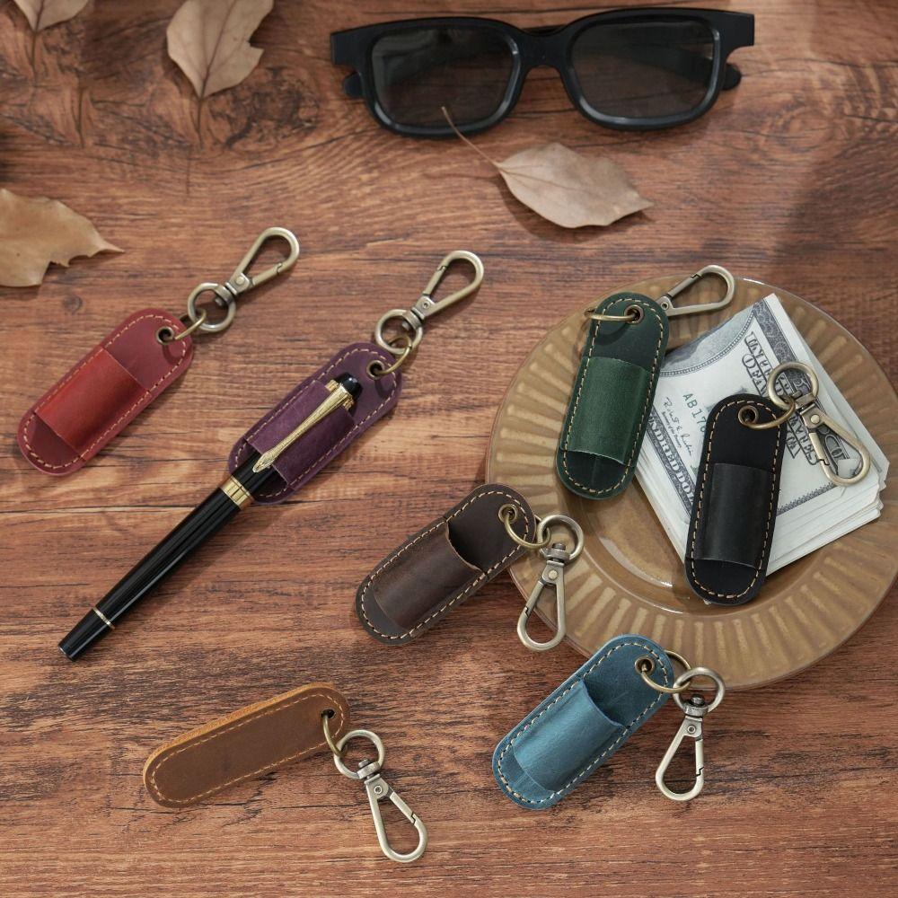 Luxury Pen Holder Keychain Portable Pen Pouch Keychain Genuine Leather Pen Case  School Supplies