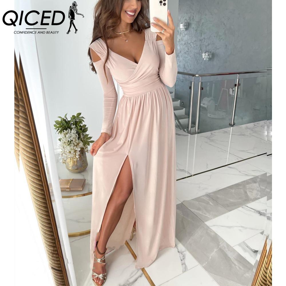 QICED Maxi Dress Solid Color Big Hem Women Elegant Irregular Waist Travel