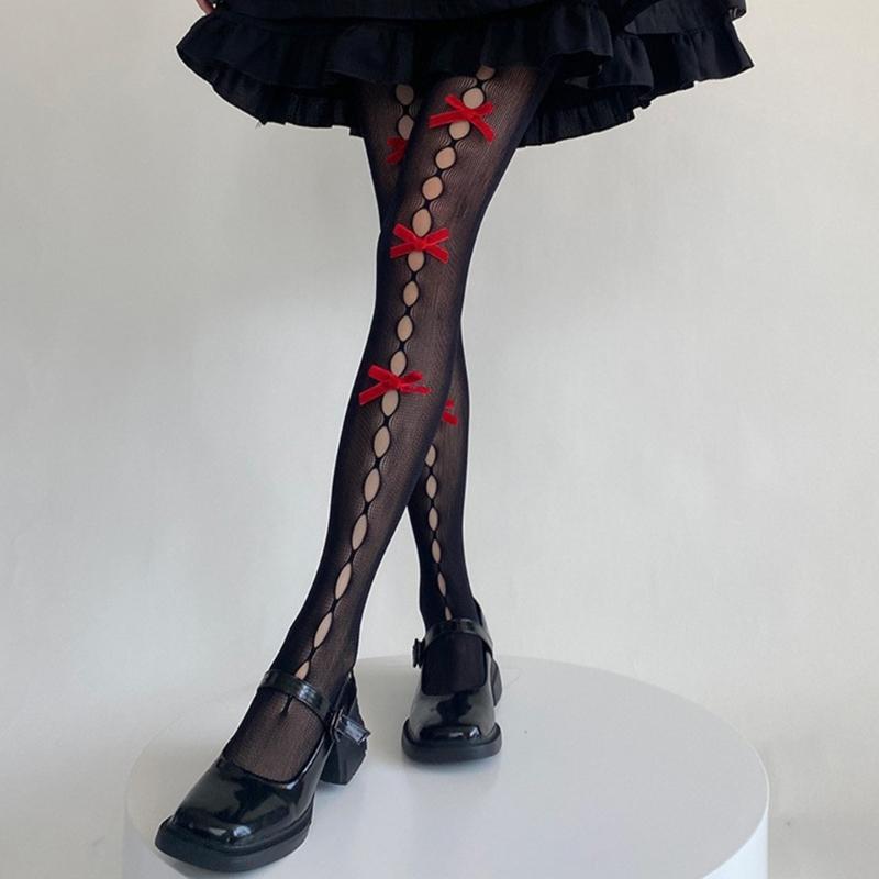 Women's Fishnet Stockings with Bowtie Girls Fish Net Tights with Designs High Waist Pantyhose Thigh High Stockings