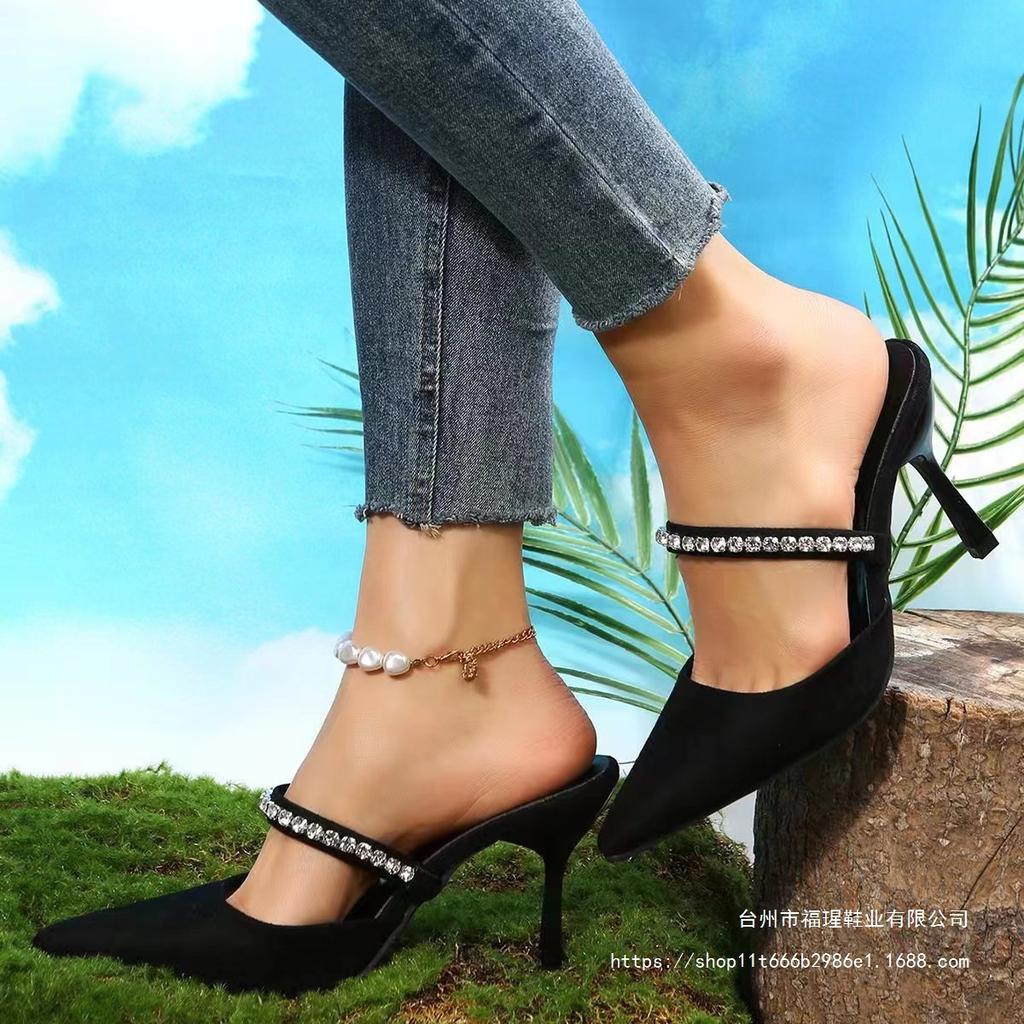 Europe, America 2025 Summer New Large Size Women's Shoes Casual Rhinestone Pointed Bag Head Thin Heel High Heel Slippers Women