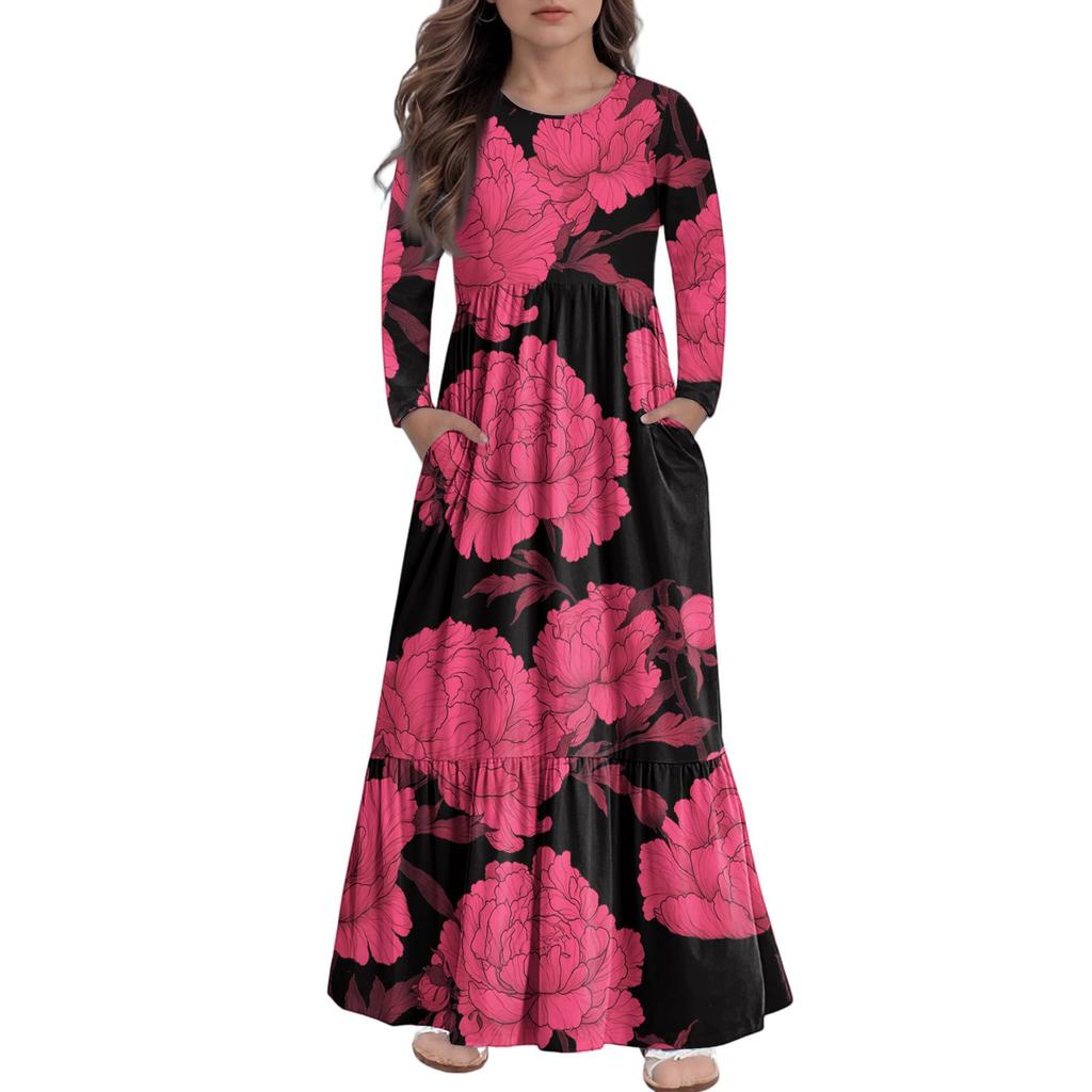 Rochie Maxi de Fete Rochii Casual de Vacanță - Rochie cu Mâneci Lungi cu Buzunare Pentru 4-14A