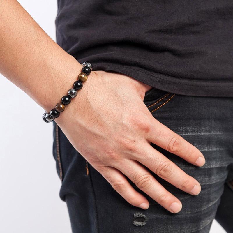 Men'S Stylish Natural Stone Bracelet Vintage Crown Symbol Of Power Hematite Beads Gift For Friends Natural Tiger Eye Beads
