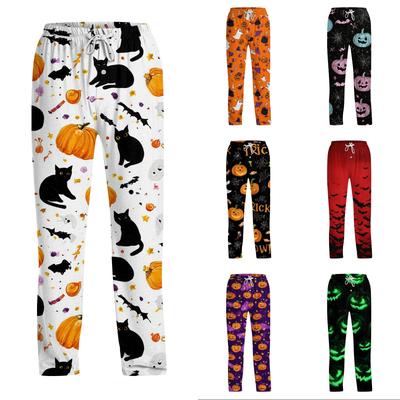Pantaloni de casă pentru bărbați cu șnur în talie, imprimeu dovleac de Halloween, croială casual relaxată, pantaloni de pijama pentru casă sau